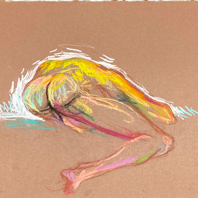 pastel drawing of laying male model in jocks from backside