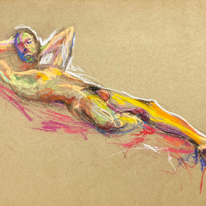 pastel drawing of laying naked male model from frontside
