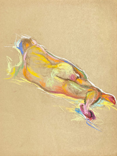 pastel drawing of laying male model from backside