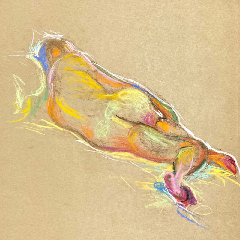 pastel drawing of laying male model from backside