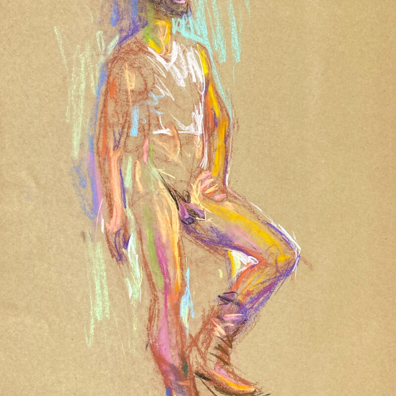 pastel drawing of male model in white tank and cowboy boots