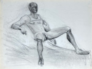 charcoal drawing of a naked man in tank and boxer helmet