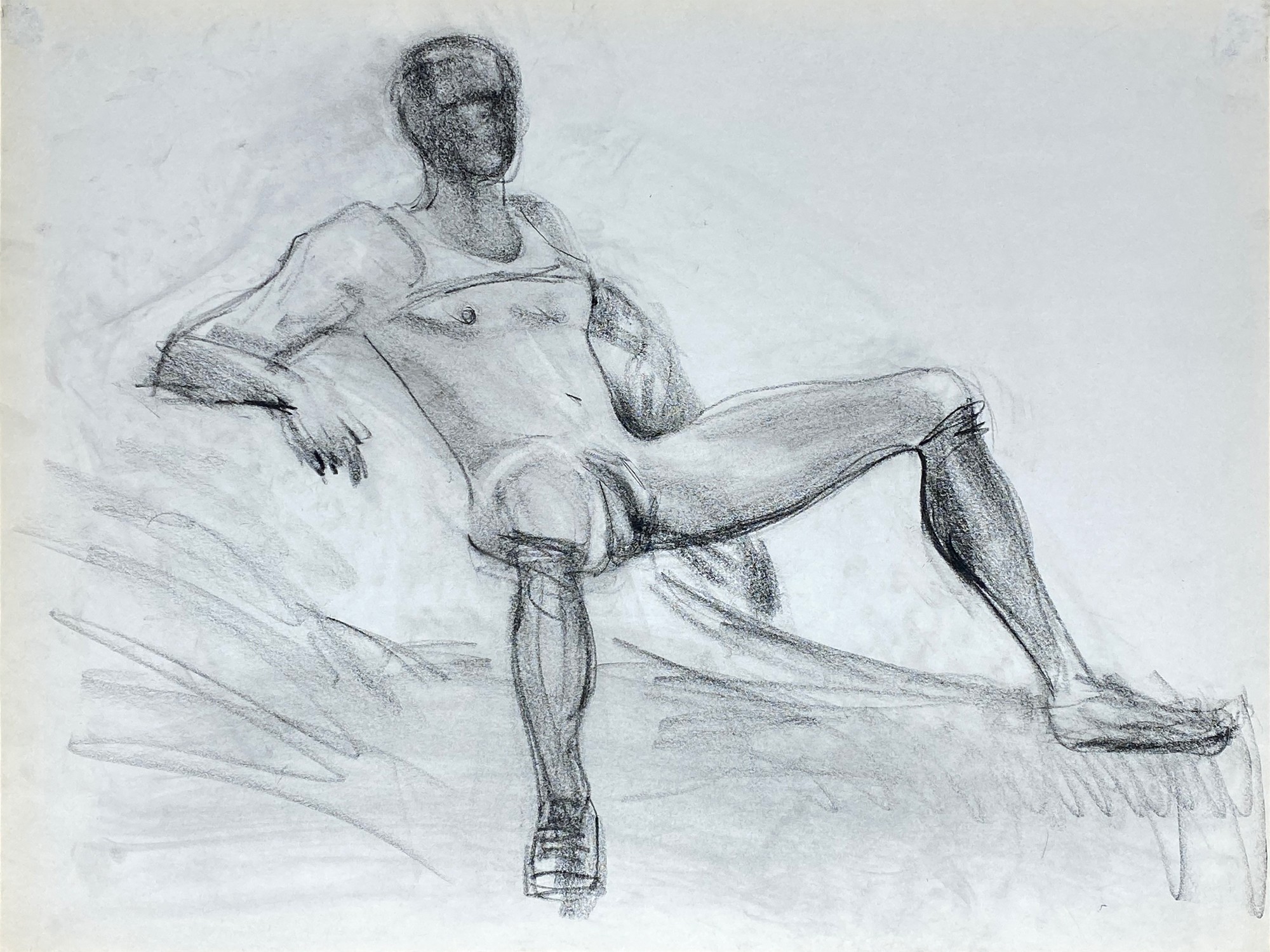 charcoal drawing of a naked man in tank and boxer helmet