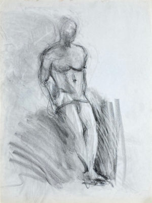 charcoal drawing of naked male model leaning on podium