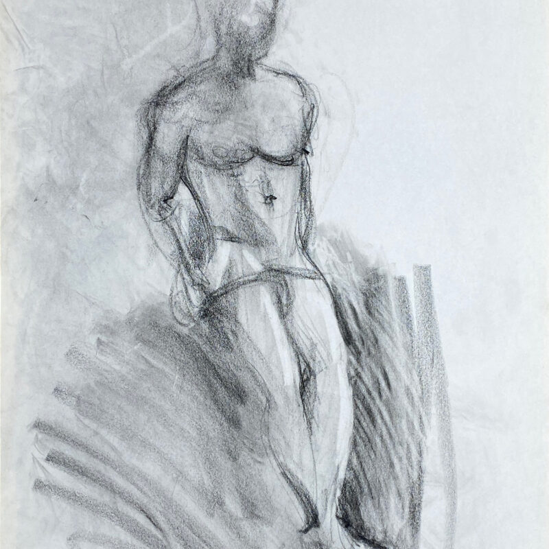 charcoal drawing of naked male model leaning on podium