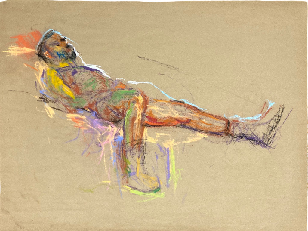 pastel drawing of male model in caterpillar boots reclining