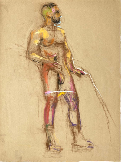 pastel drawing of male model in caterpillar boots standing