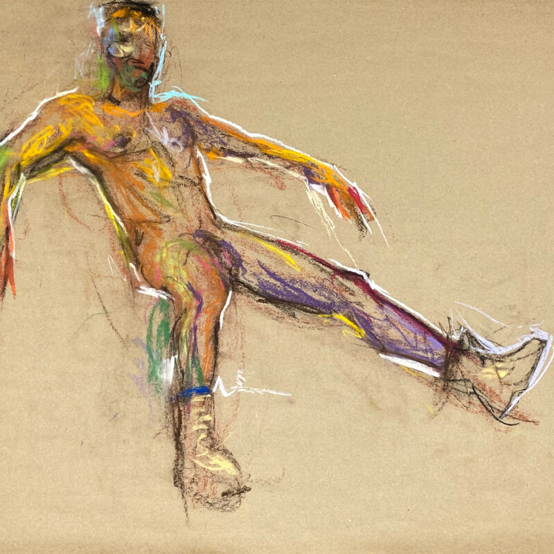 pastel drawing of male model in caterpillar boots
