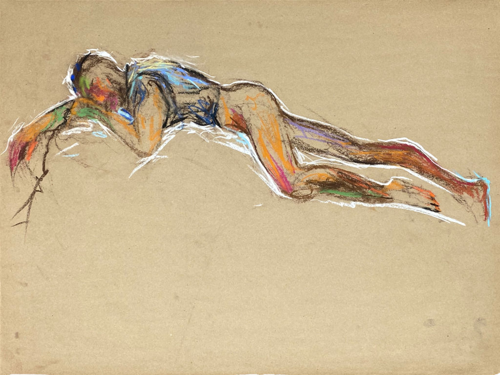 pastel drawing of male model laying in jeans vest