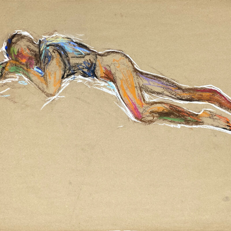 pastel drawing of male model laying in jeans vest