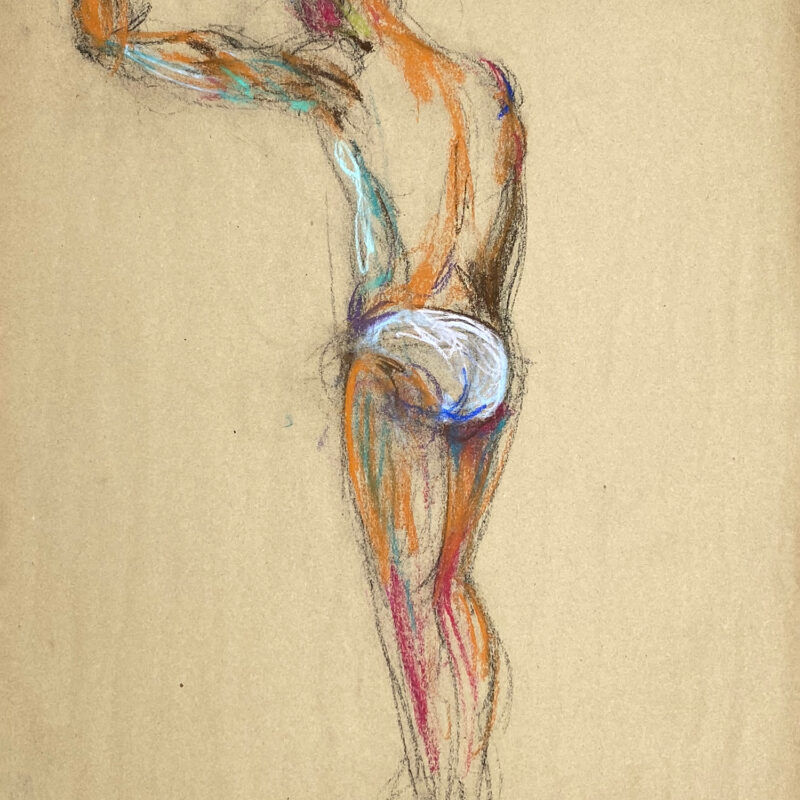 pastel drawing of male model in white briefs from backside