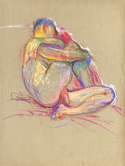 pastel drawing of nude male model in closed pose