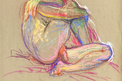 pastel drawing of nude male model in closed pose