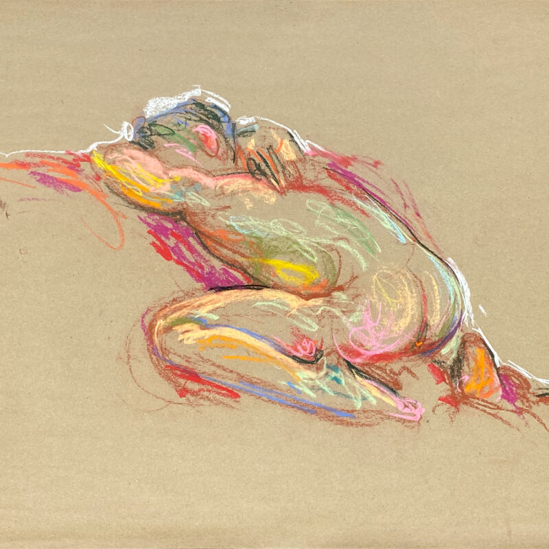 pastel drawing of nude male model laying prone on purple drape