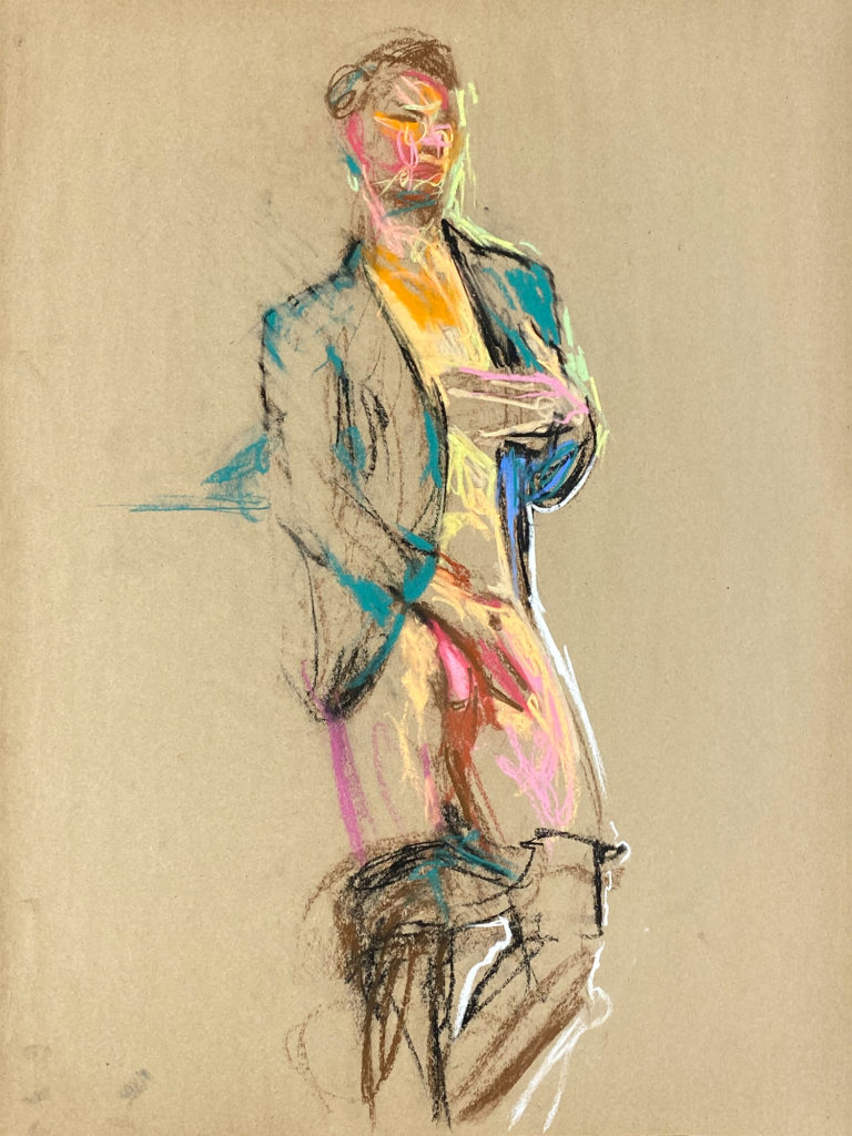 pastel drawing of nude male model in velvet jacket