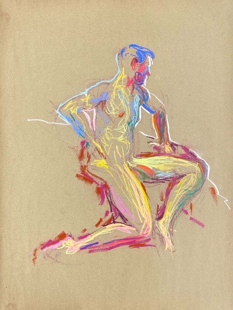 pastel drawing of male model sitting nude