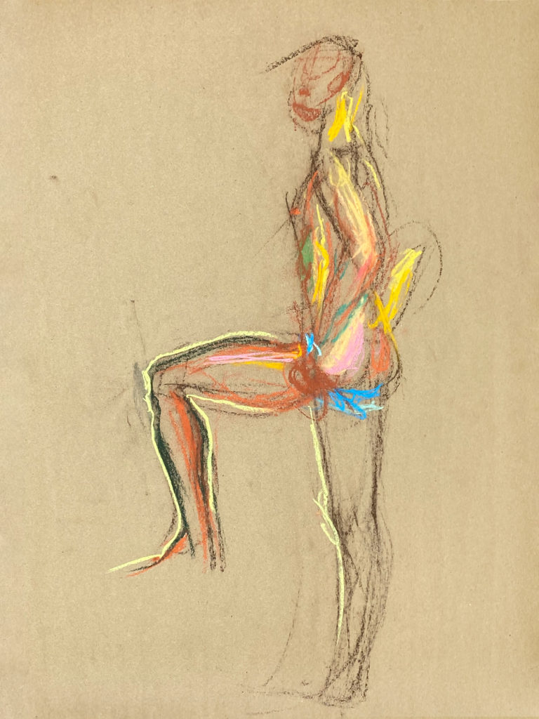 pastel drawing of male model in blue briefs from backside