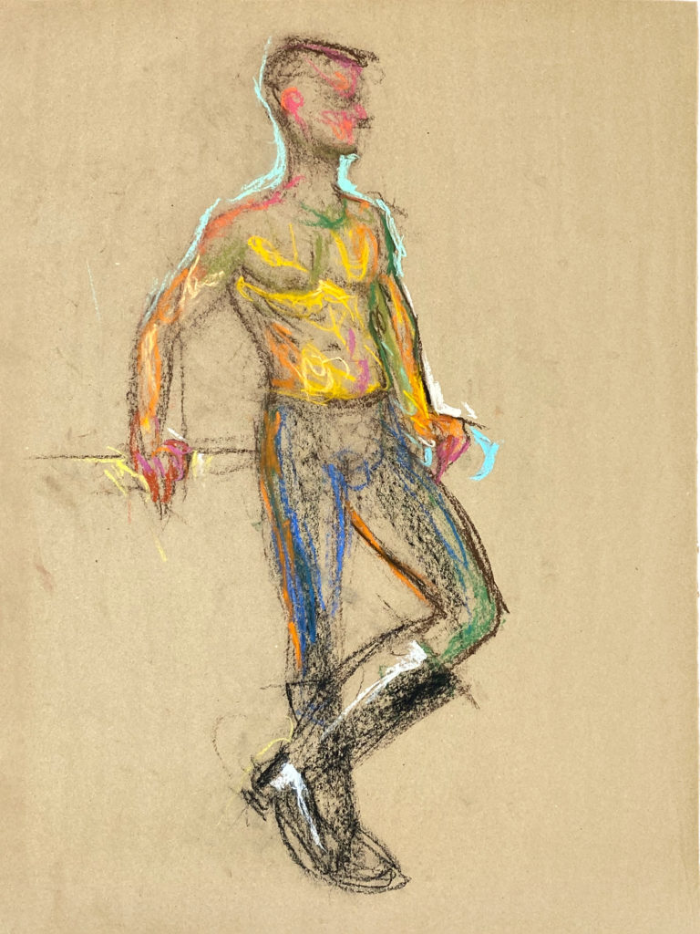 pastel drawing of male model in jockey pants and boots