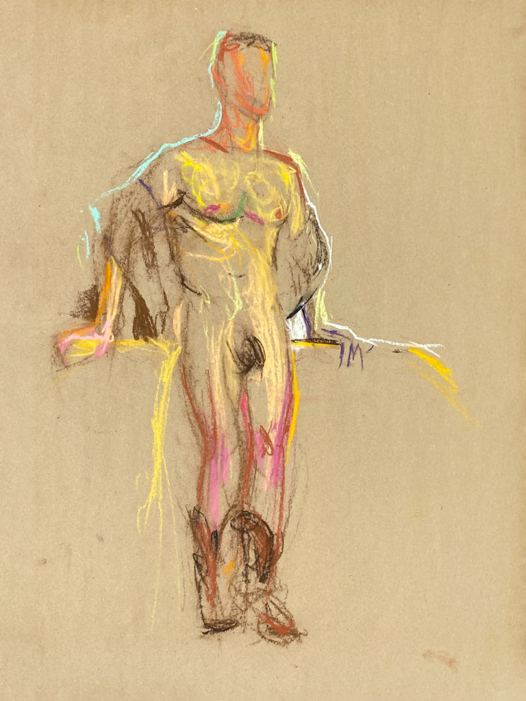 pastel drawing of male model in cowboy boots
