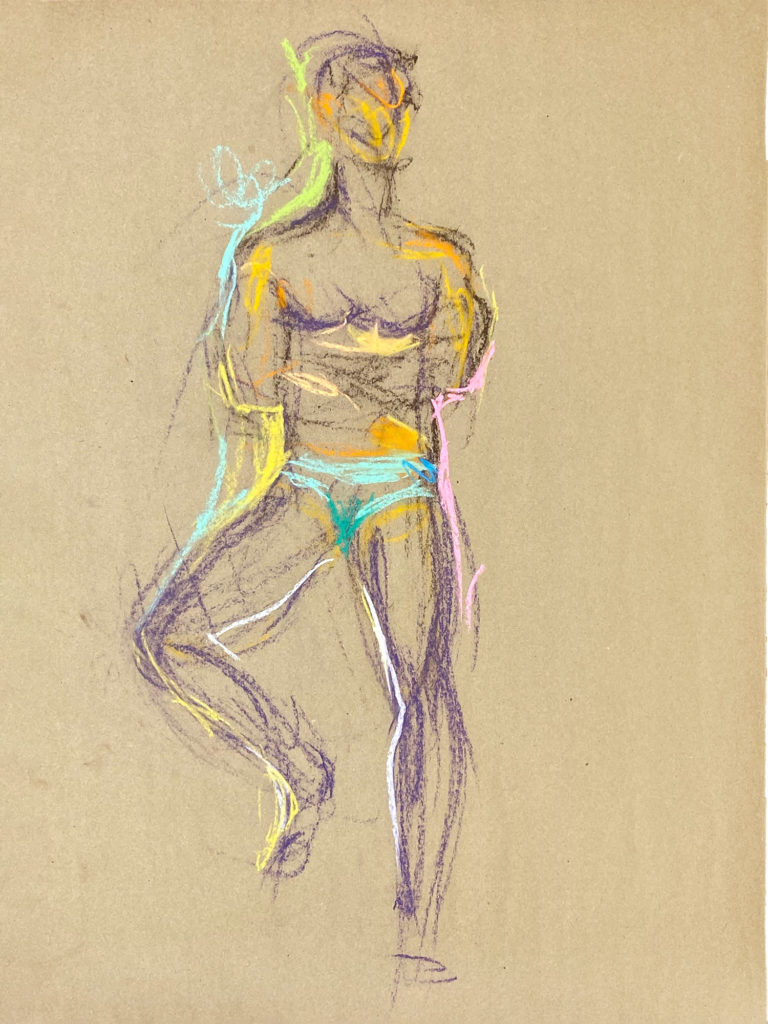 pastel drawing of male model in blue briefs