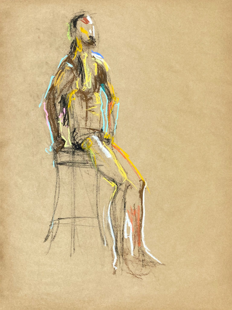pastel drawing of male model in black briefs sitting on stool