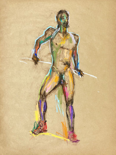 pastel drawing of nude male model in red sneakers