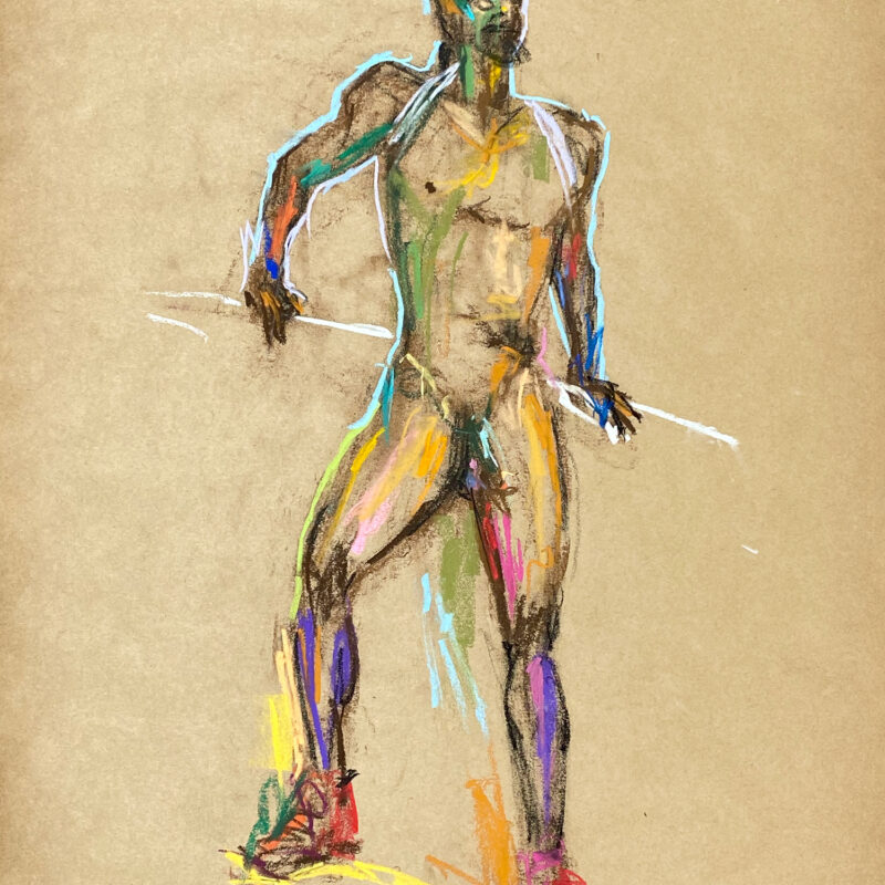 pastel drawing of nude male model in red sneakers