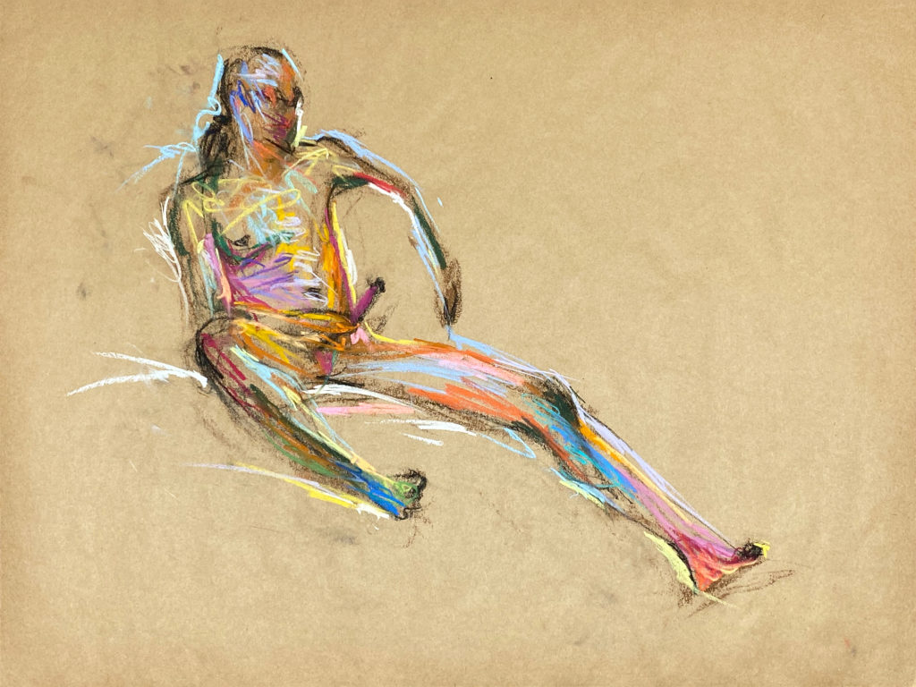 pastel drawing of nude male model playing with himself