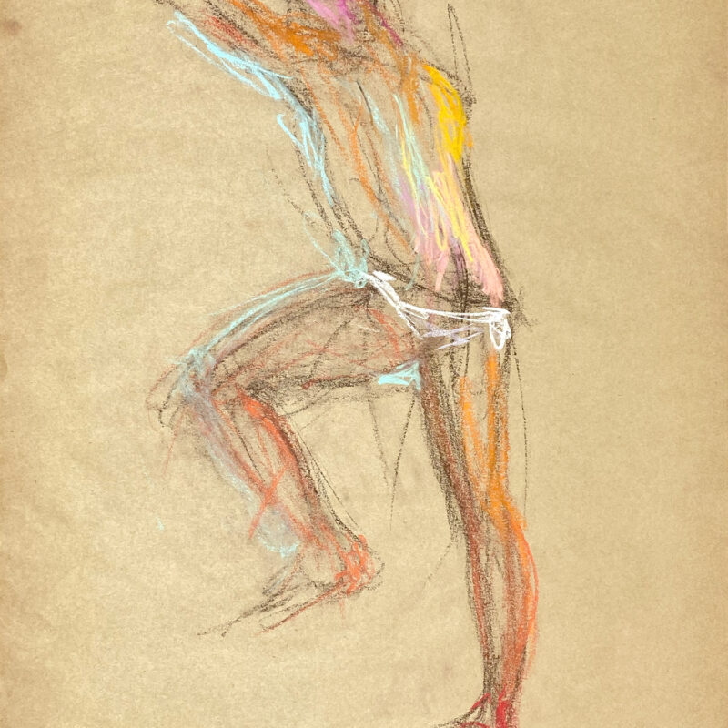 pastel drawing of male model in white briefs from backside