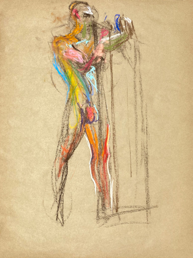 pastel drawing of male model holding props