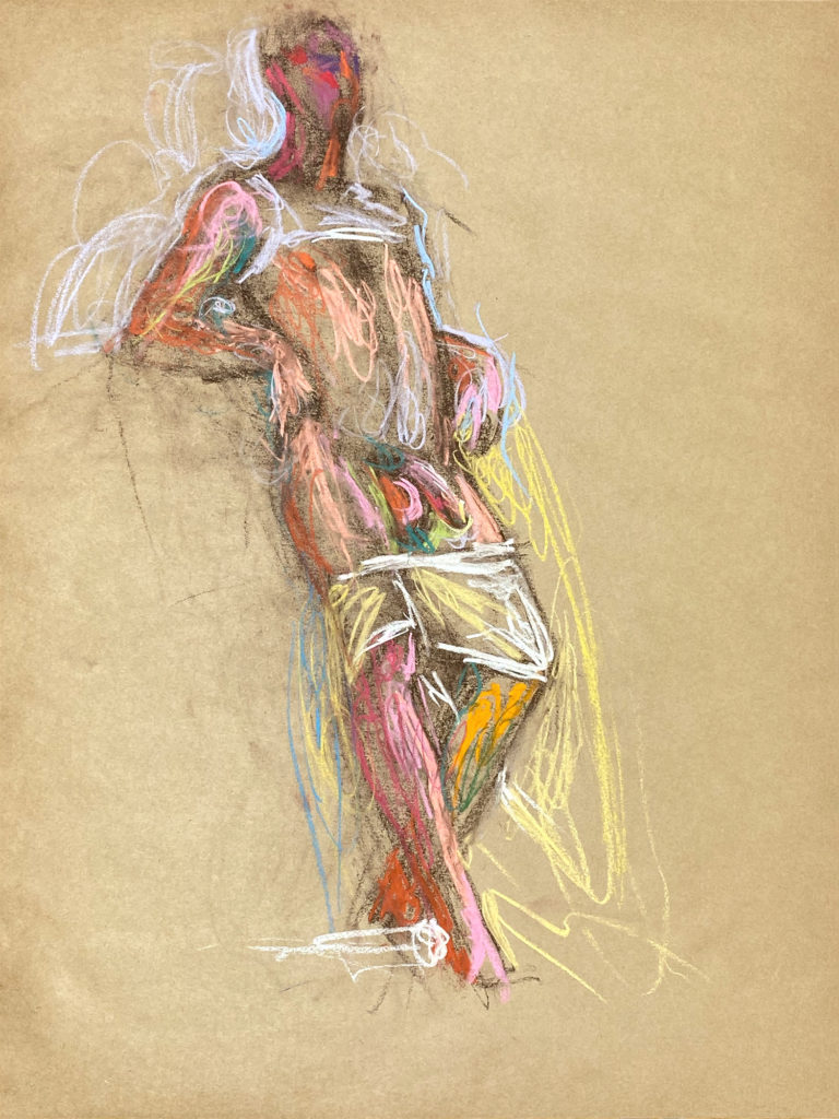 pastel drawing of male model in white tank and boxers