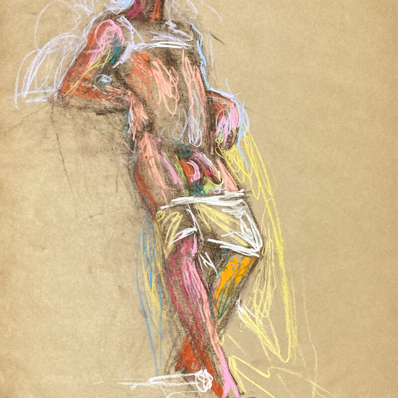pastel drawing of male model in white tank and boxers