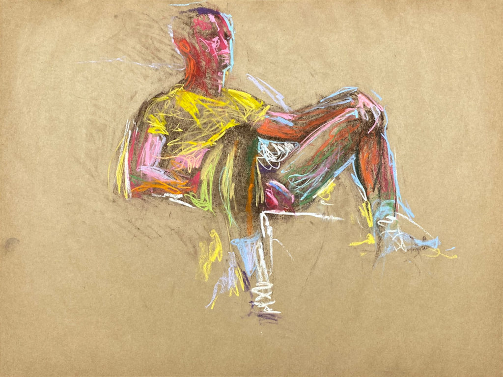 pastel drawing of male model in white keds and yellow t-shirt