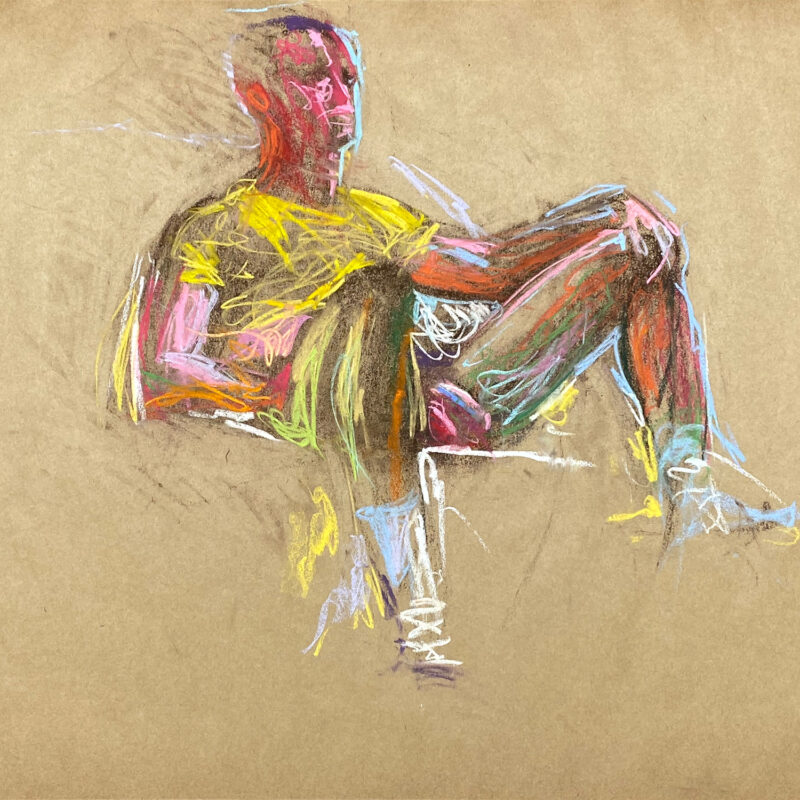 pastel drawing of male model in white keds and yellow t-shirt