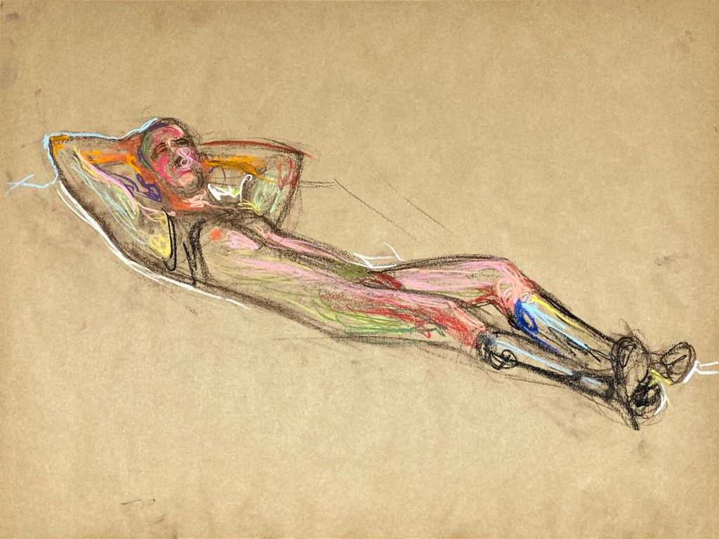 pastel drawing of male model reclining in boots and black tank