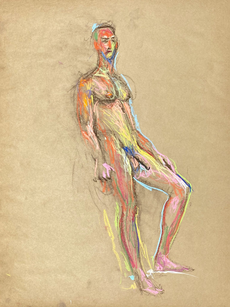 pastel drawing of male model leaning on wall