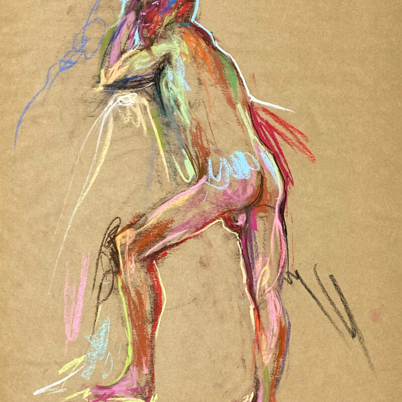 pastel drawing of male model from backside