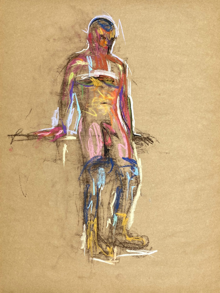 pastel drawing of male model in white tank, jeans and boots