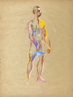 pastel drawing of nude male model in azure briefs