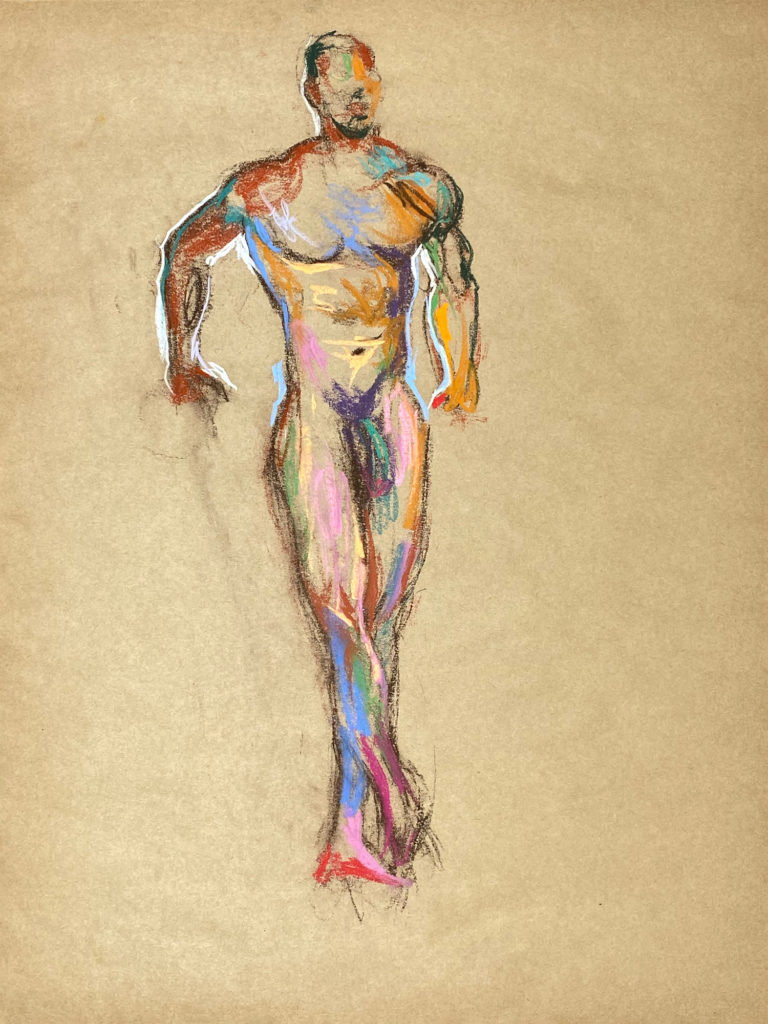 pastel drawing of nude male model standing