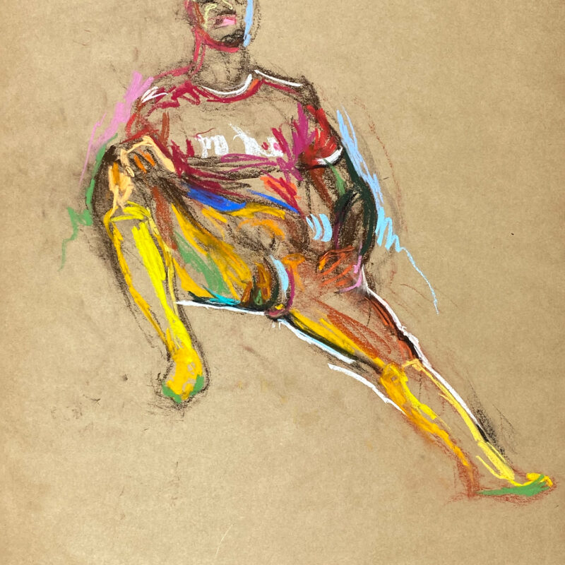 pastel drawing of nude male model in red soccer shirt and yellow gaiters