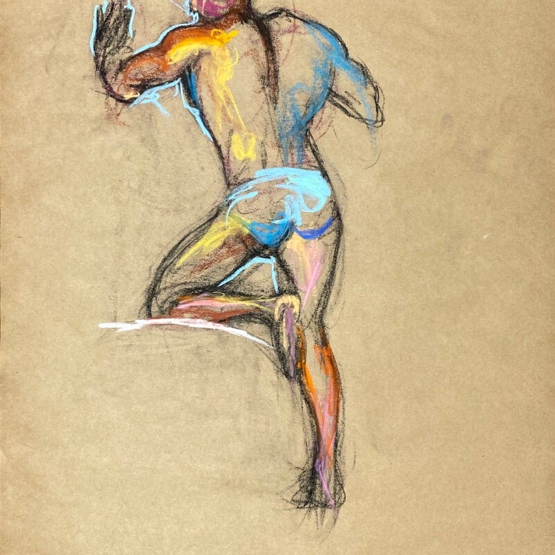 pastel drawing of nude male model in azure briefs from backside