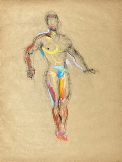 pastel drawing of nude male model in azure briefs