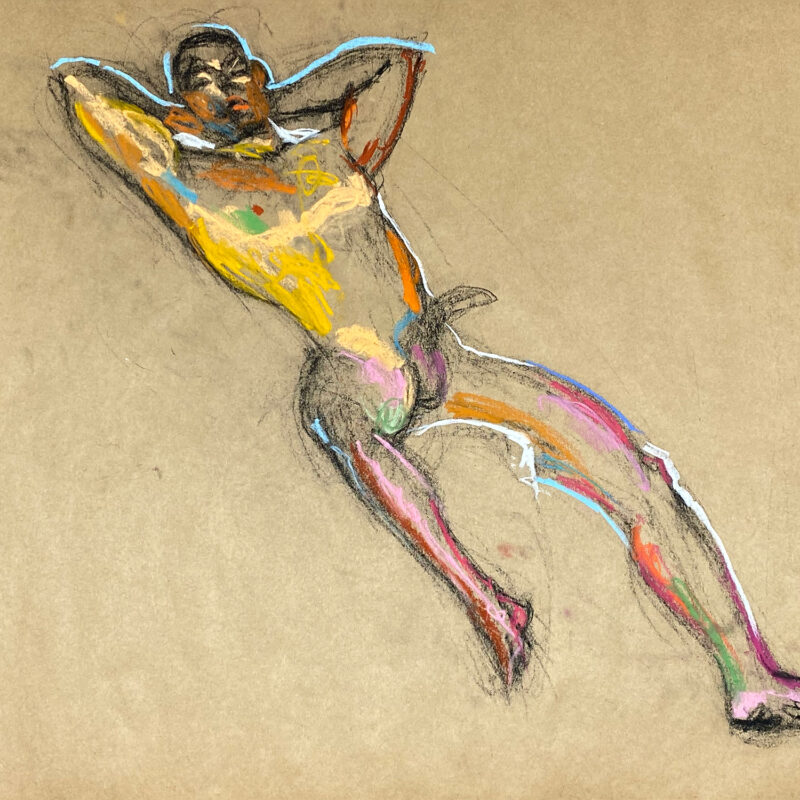 pastel drawing of nude male model reclining