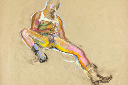 pastel drawing of nude male model in cowboy boots and tank