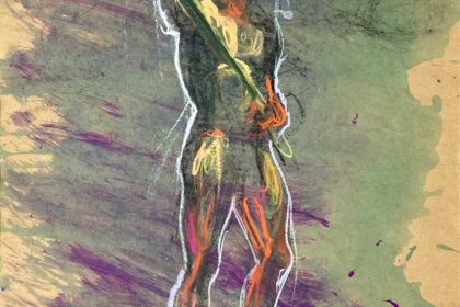 pastel drawing of male model holding wood staff