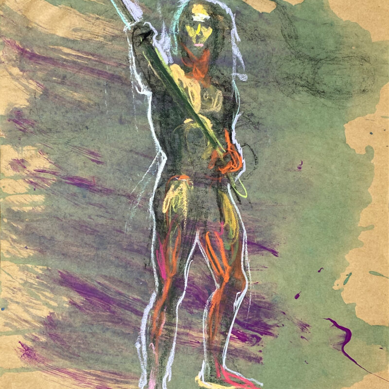 pastel drawing of male model holding wood staff