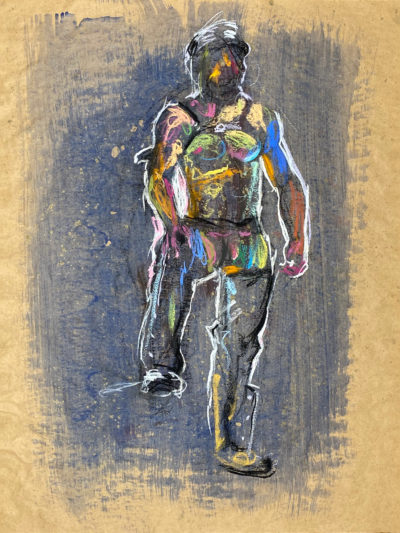 pastel drawing of male model in leather fetish outfit