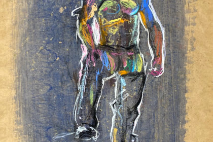 pastel drawing of male model in leather fetish outfit