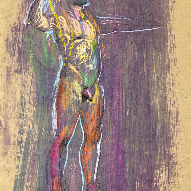 pastel drawing of male model holding rope and bow